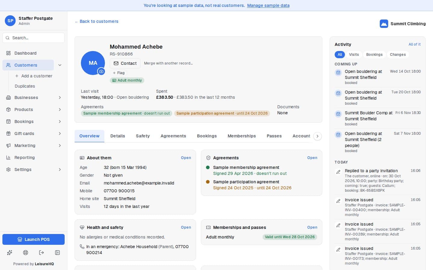 A customer record in LeisureHQ