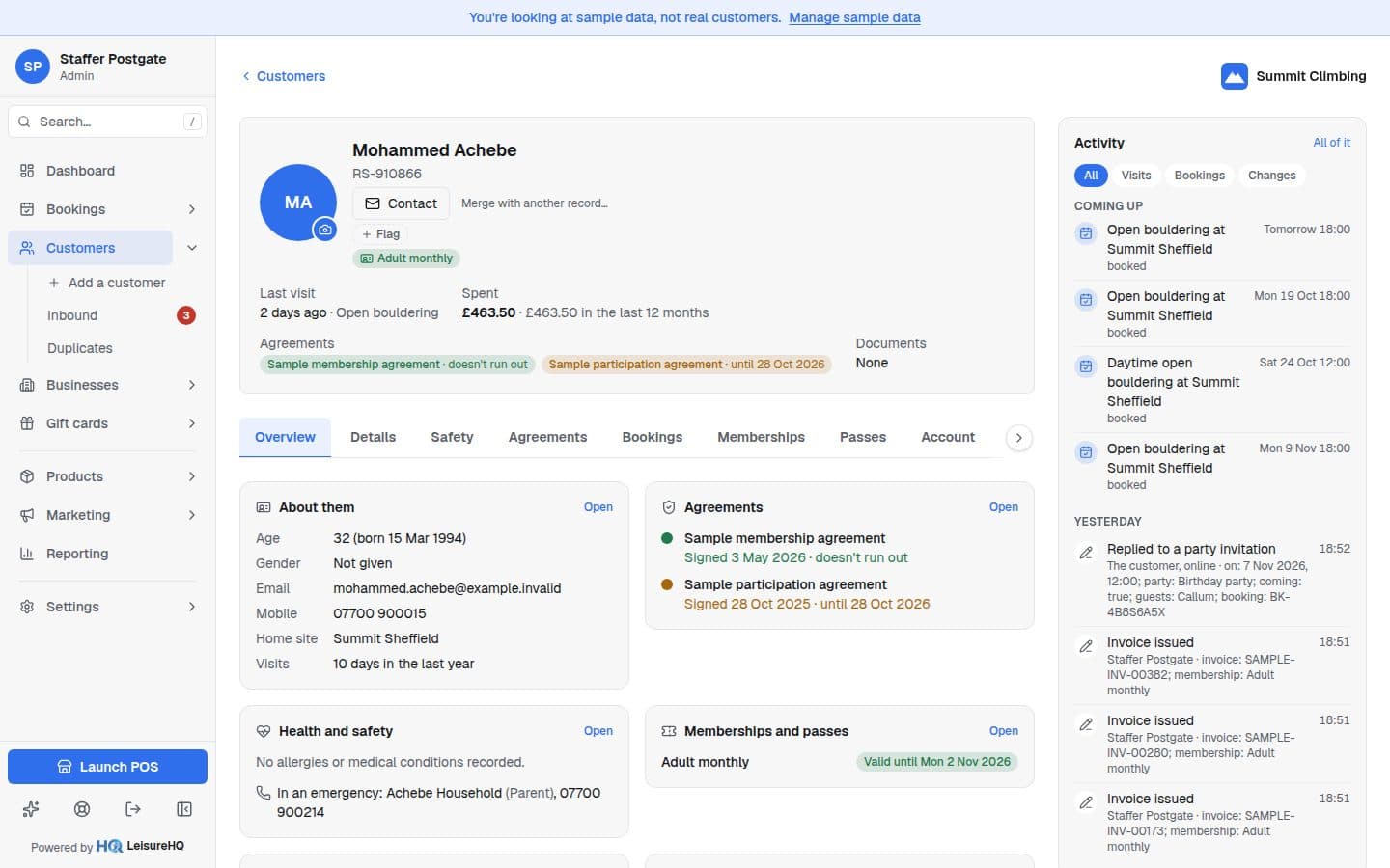 A customer record in LeisureHQ